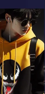 Stylish person in yellow hoodie with headphones.