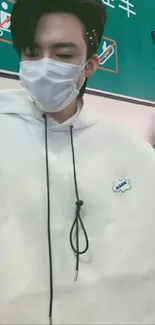 Person in white hoodie at airport with mask, casual vibe.