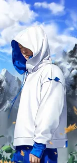 Anime character in hoodie in mountain setting with blue sky.