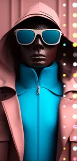 Modern mannequin in pink hoodie with sunglasses and vibrant lighting.