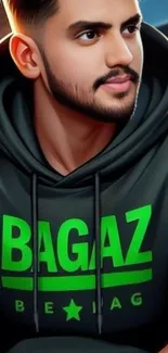 Man in a stylish hoodie with bold graphics on mobile wallpaper.