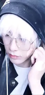 Person wearing glasses and a black hoodie with white hair, stylish portrait.