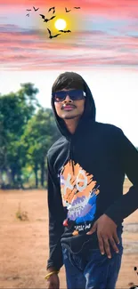 Young man in stylish hoodie against sunset backdrop.