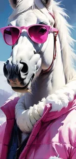 White horse in pink sunglasses and jacket with snow background.