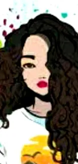 Illustrated girl with curly hair and vibrant splash background.