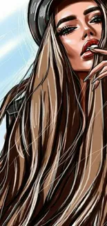 Illustrated woman in stylish hat with long hair, digital art design.