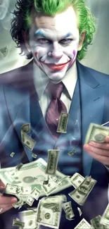 Joker with green hair handling money in a sleek suit.