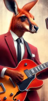 Kangaroo in a red suit playing guitar with a vintage microphone.