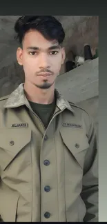 Young man in a khaki jacket standing indoors.