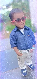 Charming kid in blue attire with sparkling light effects.