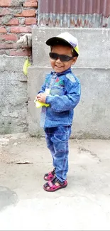 Young child in denim and sunglasses smiling confidently on urban street.