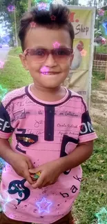 Smiling kid in a pink shirt with sunglasses outdoors.