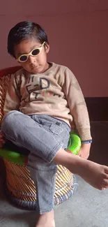 Kid in sunglasses sitting stylishly on woven chair.