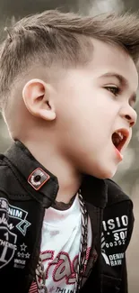 Portrait of a stylish boy in a fashionable jacket outdoors.