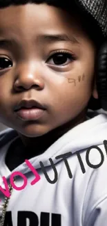 Young child with headphones, city background, stylish and urban.