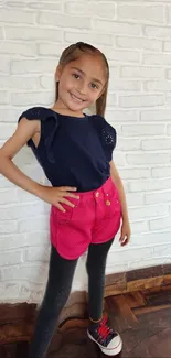 Young girl posing stylishly against a white brick wall.