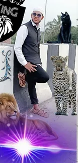 Stylish man with animals, king logo, vibrant purple.