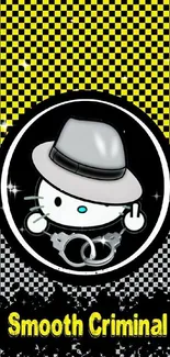 Mobile wallpaper of a kitty with hat and handcuffs on yellow checkerboard.