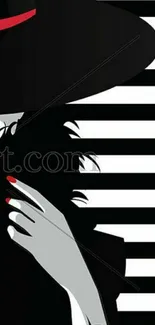 Elegant lady in black and red with striped background.