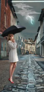 Stylish woman with umbrella on stormy street with lightning.