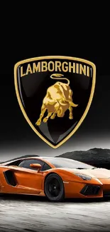 Orange Lamborghini with logo on black background wallpaper.