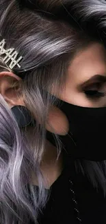 Lavender hair with black mask and stylish accessory.