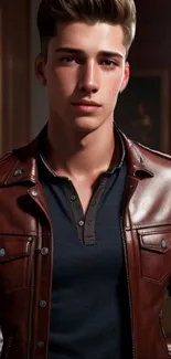 Young man in a leather jacket standing in a stylish setting.