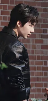 Leather jacket fashion against brick wall.