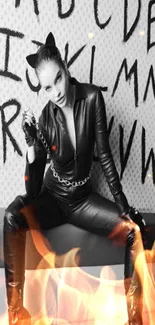 Black and white wallpaper with leather outfit and graffiti letters.