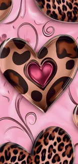 Leopard print hearts on a pink background.