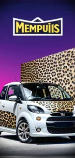 Vibrant car with leopard print design against a purple background.