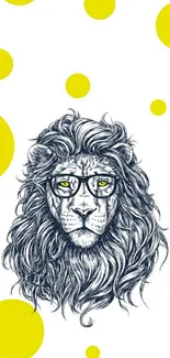 Lion drawing with glasses on a yellow dotted background.