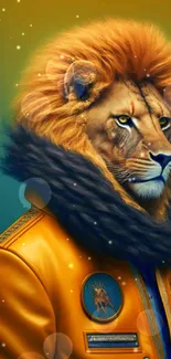 Lion in a stylish jacket with a golden mane against a teal and gold background.