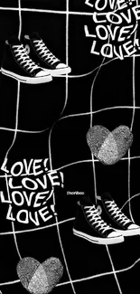 Black and white sneaker wallpaper with love text and hearts.