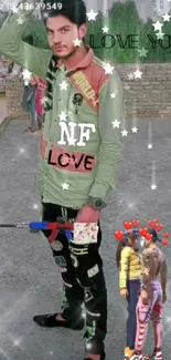 Fashionable man in green shirt with love-themed elements.