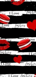 Fashionable wallpaper with red hearts and lips on stripes.