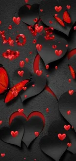 Black hearts with red butterflies wallpaper design.