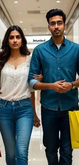 Couple shopping in a mall, carrying shopping bags.