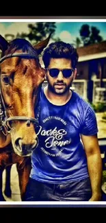 Stylish man with horse in outdoor setting.