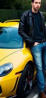 Man in leather jacket with sports car on road.