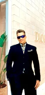 Man in a suit standing at Dior store.