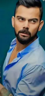 Man in a blue shirt with beard, stylish look.