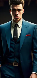 A man in a stylish blue suit against a dark background, exuding elegance.