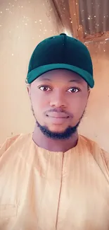 Portrait of a stylish man wearing a green cap against a beige wall.