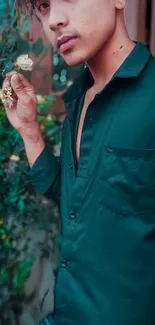 A young man in a dark green shirt holding flowers in a natural setting.