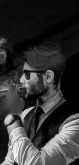 Monochrome stylish man exhaling smoke in a sophisticated black and white wallpaper.