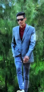 Man in suit walking in nature with green background.