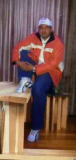 Man in orange jacket and jeans sitting on wooden furniture.