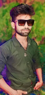 Stylish man in sunglasses with a green background.