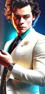 Digital artwork of a stylish man in a white suit holding a light.